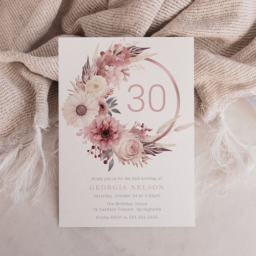 a white and pink floral 30th birthday party card with the number 30 printed on it