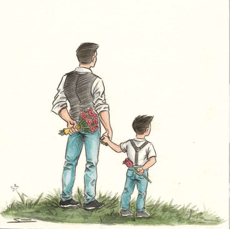 a father and son holding hands while standing in the grass with flowers on their lap