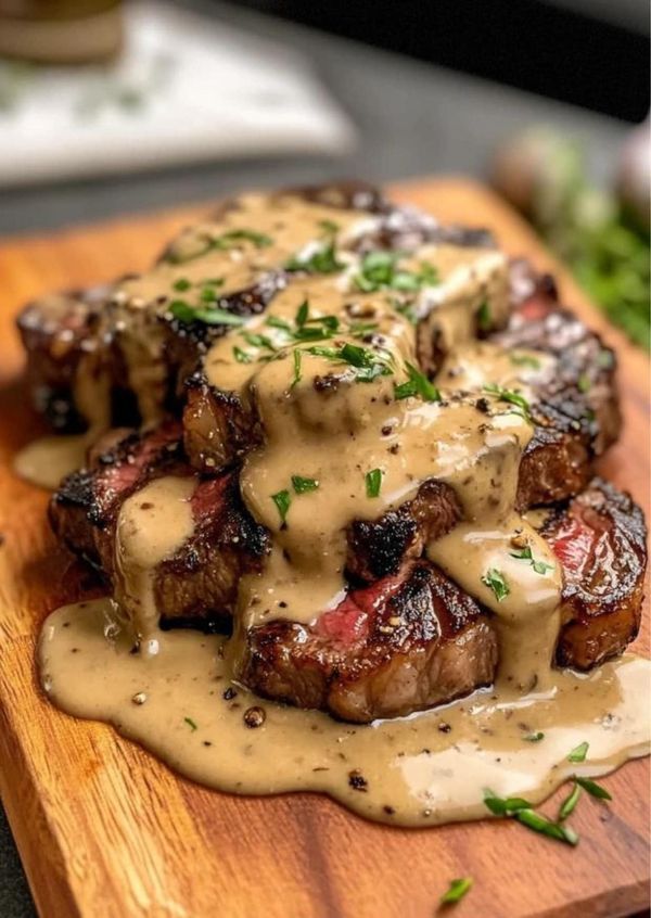 steak with gravy on a wooden cutting board