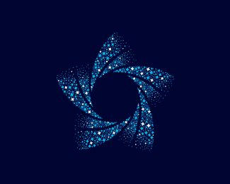 an abstract blue star logo on a dark background with white stars in the shape of a circle