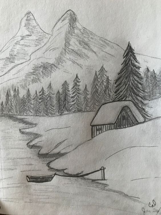 a pencil drawing of a cabin in the snow with trees and mountains behind it on paper