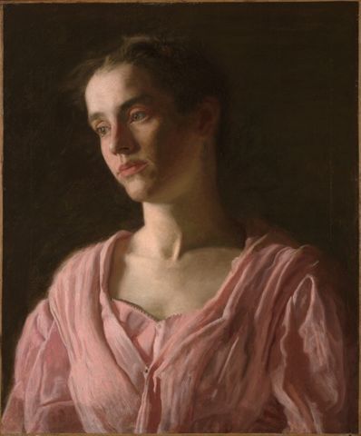 a painting of a woman in a pink dress looking off to the side with her eyes closed