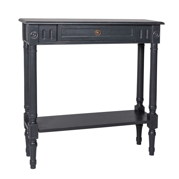 a black console table with two drawers on one side and an open drawer on the other