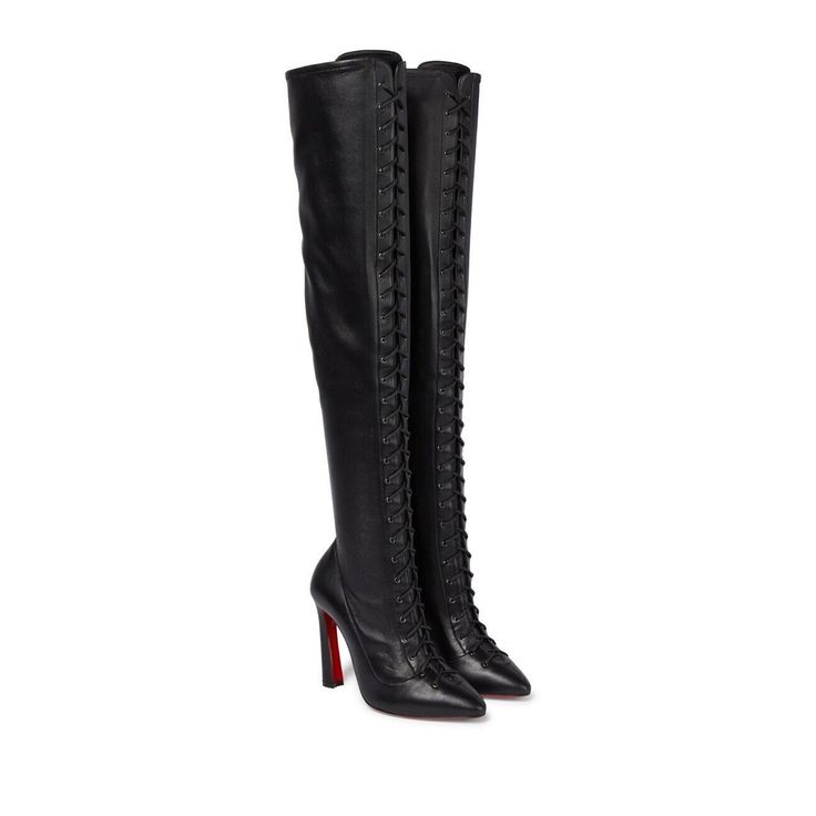 Christian Louboutin Anjel Alta Botta 100 Black Knee Thigh High Otk Heel Boot 40 ********** Christian Louboutin ********** Brand: Christian Louboutin Size: 40 (Know Your Louboutin Size) Name: Anjel Alta Botta Color: Black Style: Thigh High Boots Style#: 1220416 Material: Nappa Stretch Lace Up Tie Corset Style Front Over The Knee, Thigh High Length Boots Standing On A 100mm Heel Rounded Almond Front Toe Black Nappa Stretch Leather Material Inside Zipper Access Thin Back Heel Classic Red Leather So Style Thigh High Boots, High Boots Style, Thigh High Heels, Christian Louboutin Boots, Thigh High Boots Heels, Heel Boot, Black Knees, Women Boots, Long Boots