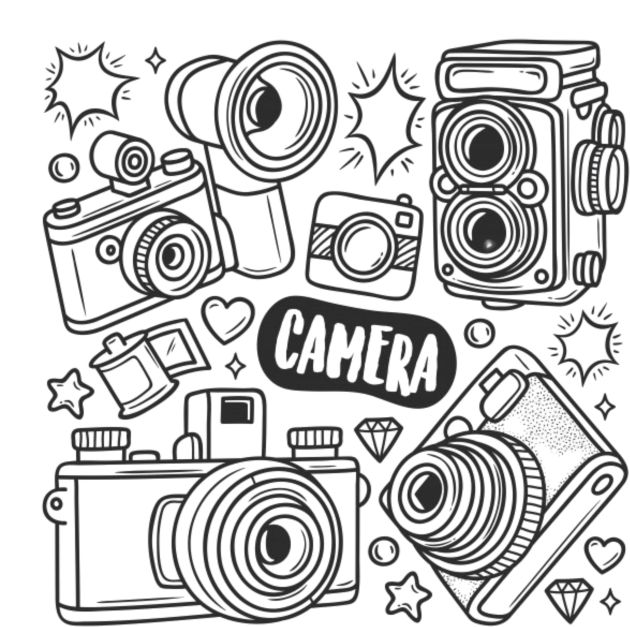 a camera and other objects are shown in this black and white drawing, with the word camera above it