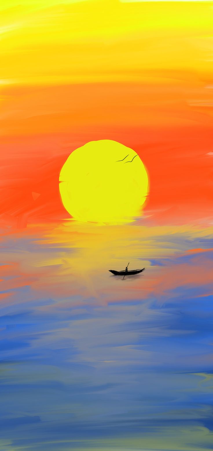 a painting of a boat in the ocean at sunset