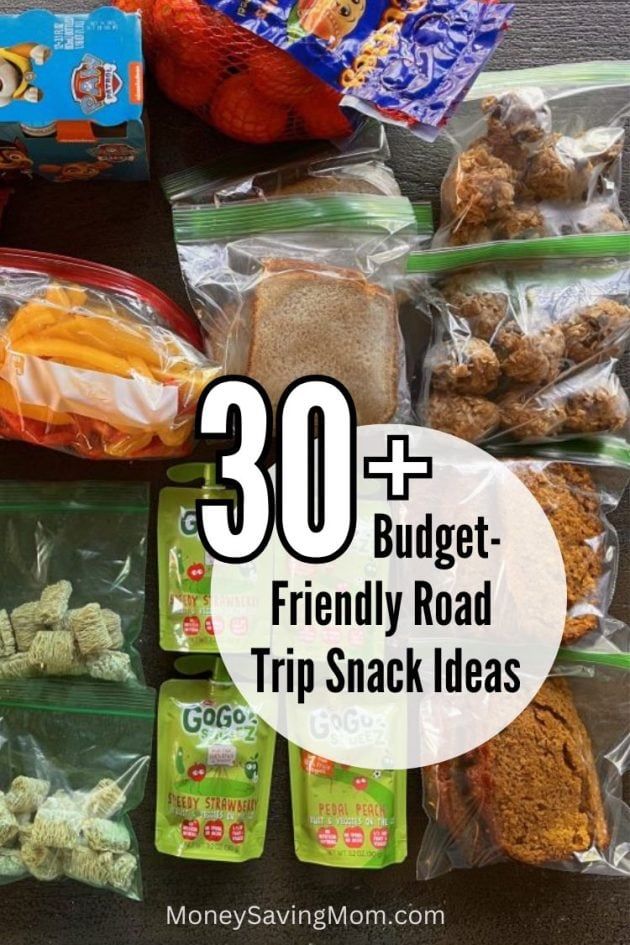 some snacks are in plastic bags on the ground with text overlay that reads 30 budget - friendly road trip snack ideas