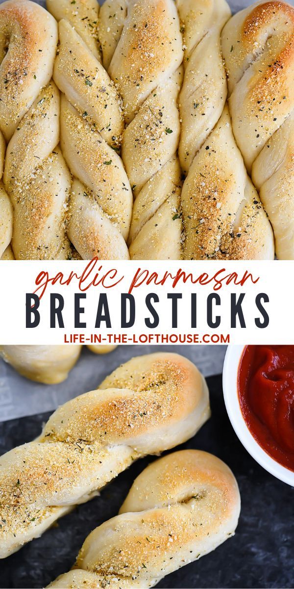 homemade garlic breadsticks with ketchup on top and in the background text overlay