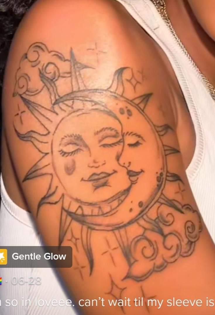 a woman with a sun and moon tattoo on her arm that says gentle glow can't wait my sleeves is gone