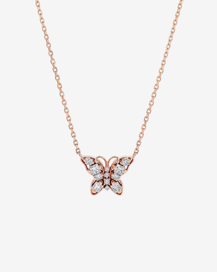 Crafted in 18-karat gold, this mini butterfly pendant is set with princess-cut and round white diamonds. Easily add this to your necklace stack or wear it on its own. Details 18k yellow gold, rose gold or white gold 0.40 carats of princess-cut and round white diamonds Measures 18" inches in length, adjustable at 16" inches Lobster clasp fastening 11x9mm dimensions Ref: BAP711D Luxury Diamond Jewelry With Butterfly Charm, Rose Gold Diamond Jewelry With Butterfly Charm, Luxury Diamond Butterfly Pendant Necklace, Luxury Diamond Butterfly Necklaces, Rose Gold Diamond Butterfly Jewelry, Butterfly-shaped Rose Gold Diamond Jewelry, Butterfly Shaped Rose Gold Diamond Jewelry, Butterfly Shaped Diamond Jewelry In Rose Gold, Rose Gold Butterfly Jewelry With Diamond Accents