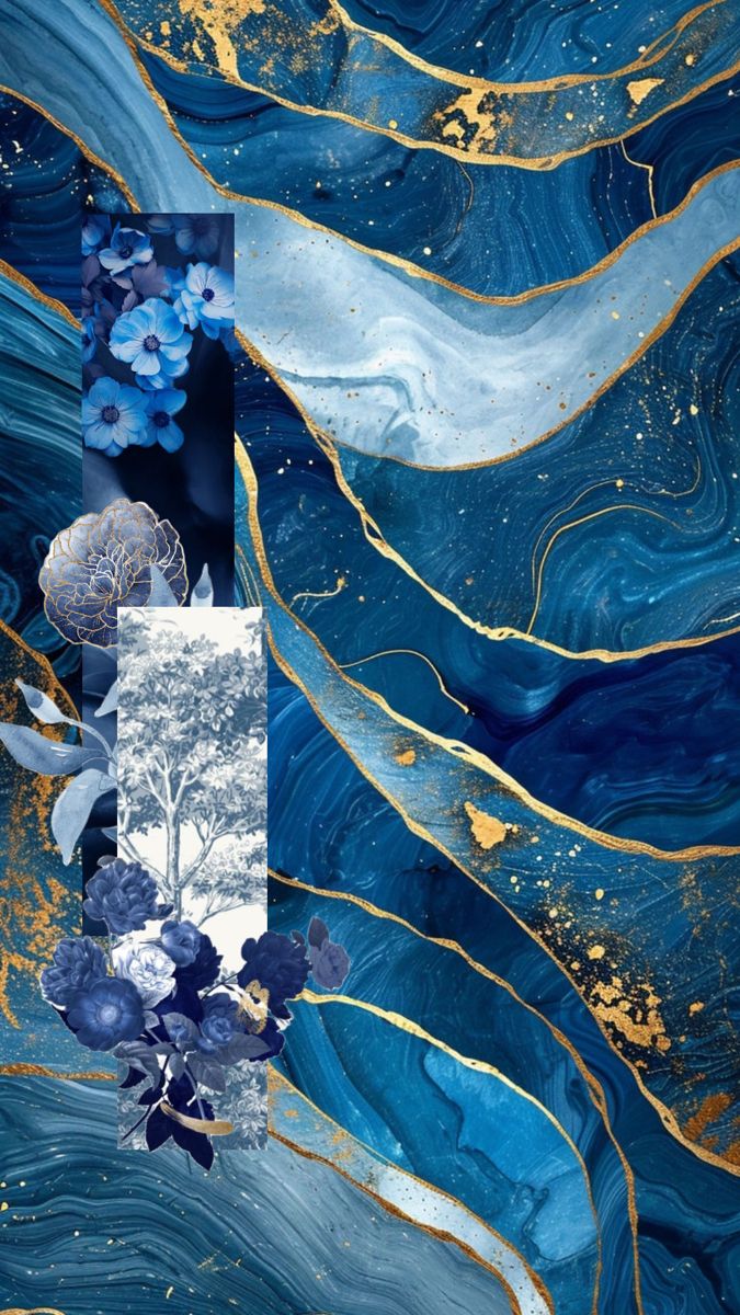 an abstract painting with blue and gold paint on the bottom, and flowers in the middle