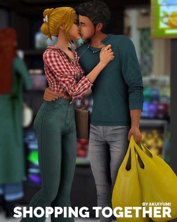 a man and woman standing next to each other in front of a store with the words shopping together