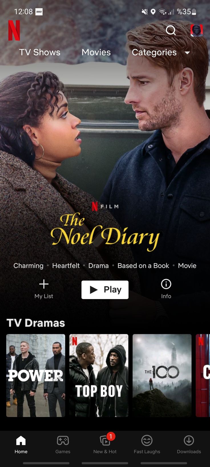 the netflix app is shown with an image of a man and woman in black clothes