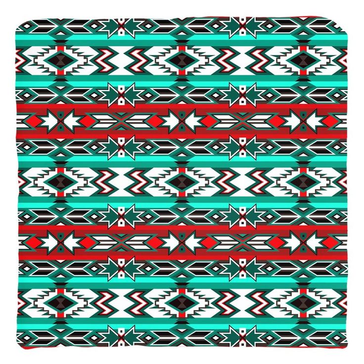 an abstract pattern in turquoise, red and white with arrows on the bottom half of it