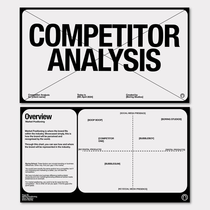 a black and white business brochure with the words competitor analysis written on it