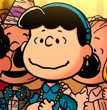 a group of people standing next to each other in front of a cartoon character wearing headphones