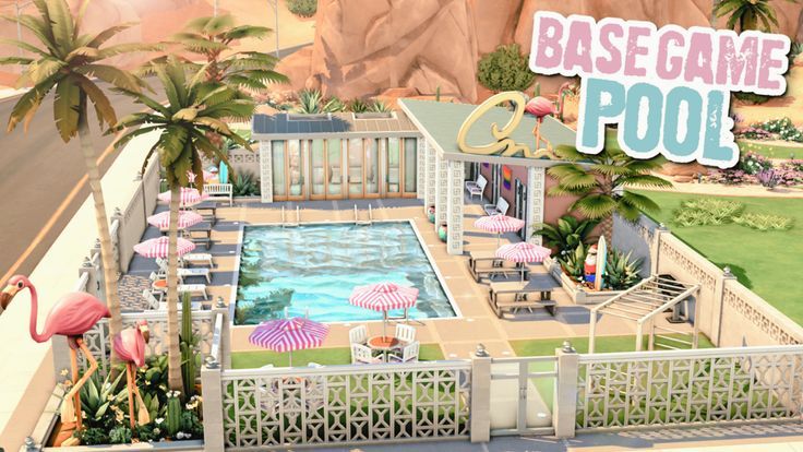 A bright Base Game only Pool in Oasis Springs for the Renovating Base Game save file I'm working on! 🦩 📍 30x20 in Oasis Springs • No CC • Gallery ID: ChrissieYT • Base Game ONLY! Sims 4 Restaurant, Sims 4 Cas Background, Pink Flamingo Pool, Oasis Springs, Oasis Pool, The Sims 4 Lots, San Myshuno, Flamingo Pool, Sims 4 Family