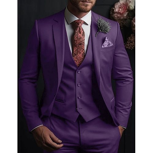 Category:Suits; Embellishment:Pocket; Season:Spring, Fall, Winter, Summer; Fabric:TR; Front Closure:Single-Breasted Buttons; Includes:Vest,Pants,Jacket; Occasion:Wedding; Fit Type:Slim Fit; Jacket Buttons:Single Breasted One-button; Jacket Vents:Single (Center); Jacket Pockets:Straight Flapped; Vest Buttons:4; Pattern:Solid Colored; Neckline:Notch; Listing Date:10/13/2023; Production mode:External procurement; Pant Length:; Pants Waist:; Shoulder Width:; Sleeve Length:; Bust:; Hips:null; Clothin Prom For Guys, Prom Suits For Men, Cheap Suits, Suits Wedding, Purple Suits, Classic Clothing, Prom Suits, Tuxedo Suit, Pant Length