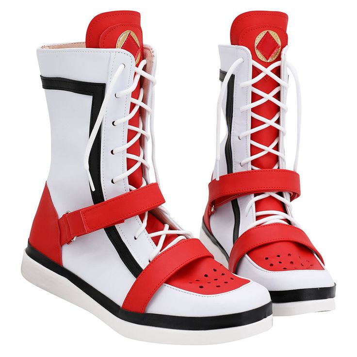 a pair of white and red high top sneakers