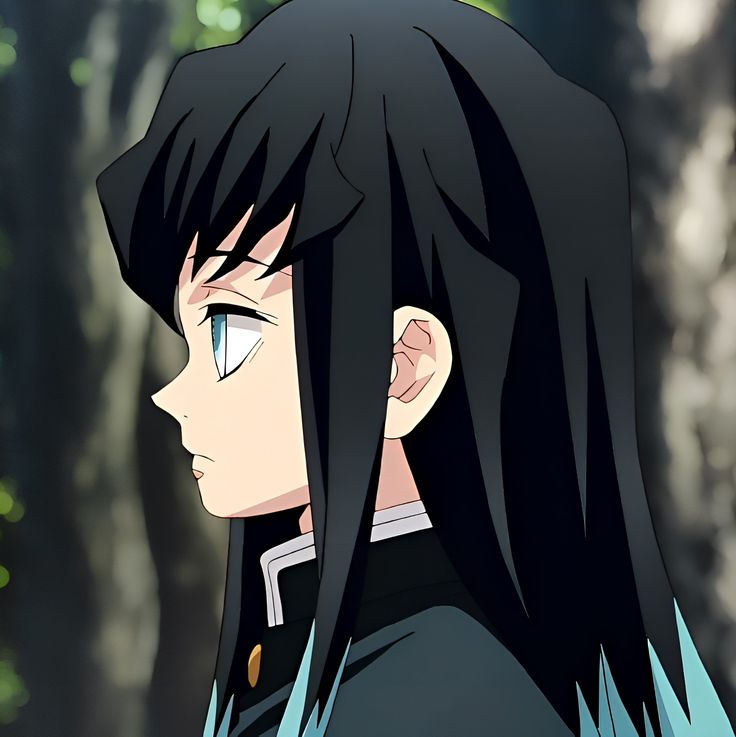 an anime character with long black hair and blue eyes looking at something in the distance