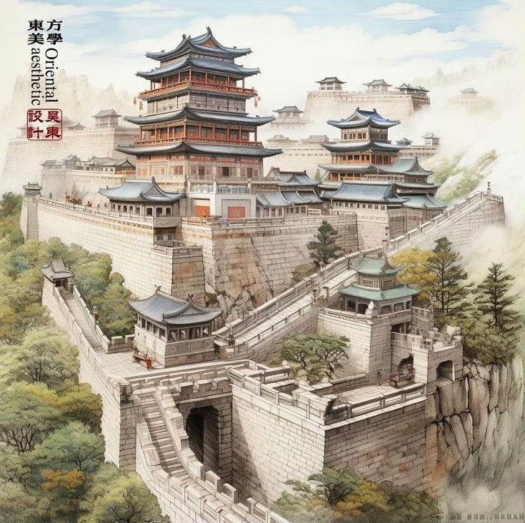 Fantasy Chinese Architecture, Ancient Chinese Building, Ancient Asian Architecture, Ancient China Architecture, Korean Architecture Traditional, Korean Castle, Ancient Chinese City, Chinese Castle, Korean Architecture