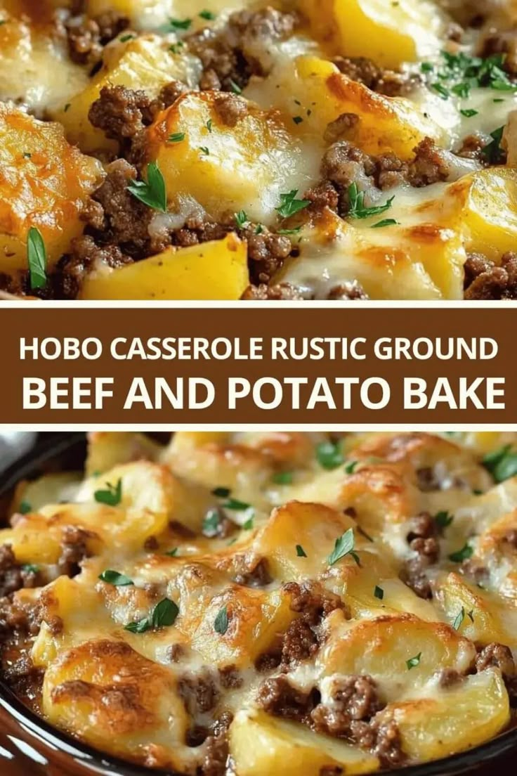 two pictures showing different types of casserole with beef and potato bake in them