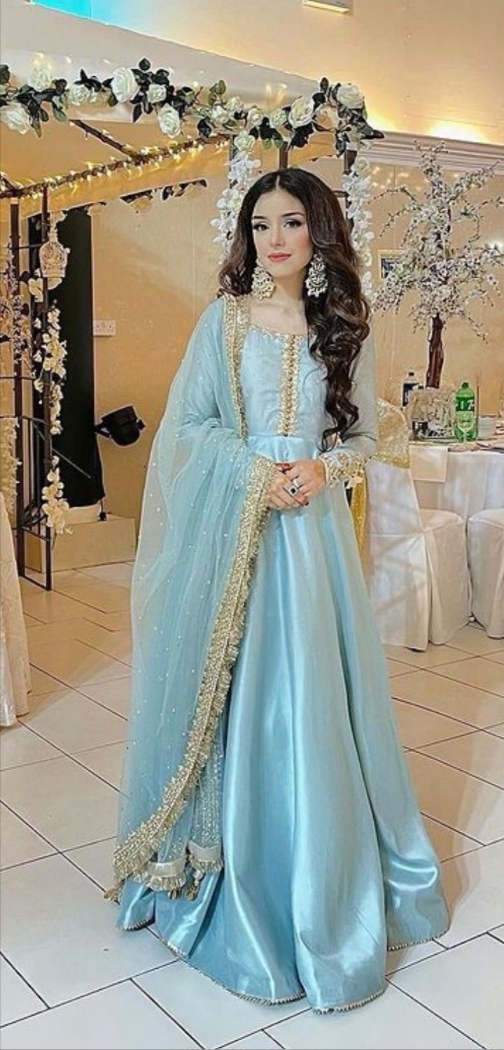 Blue Colour Pakistani Dresses, Dresses For Walima Function, Ice Blue Pakistani Bridal, Pishwas Dress Hyderabadi, Light Blue Shaadi Dress, Baby Blue Pakistani Dress, Pakistani Blue Dress, Walima Simple Dress, Sider Dress For Indian Wedding