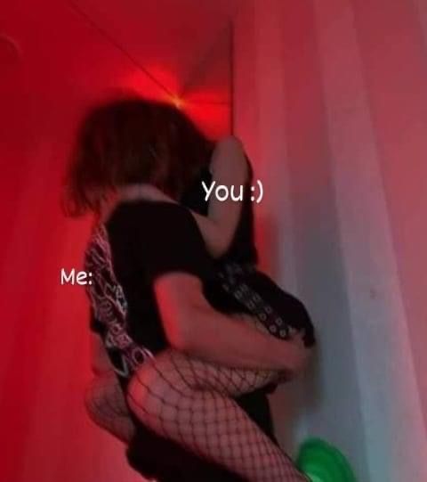 a woman in fishnet stockings is hugging her boyfriend's back with the caption, you me