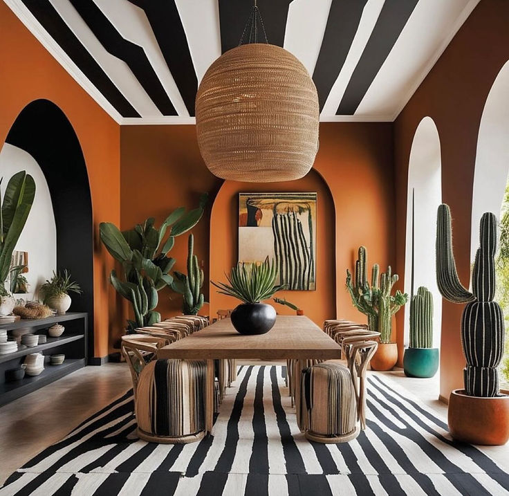 a dining room with black and white stripes on the walls, potted cacti in vases