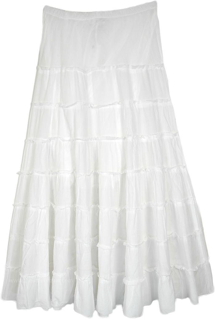 As white as snow, this lovely tiered cotton skirt is the perfect match for someone who likes a feminine yet comfortable style.  With its soft and gentle voile cotton fabric, the skirt has an eight-tiered look has an refined look and the skirt is lined up with the same fabric to the knee. #tlb #XLPlus #Misses #TieredSkirt #MaxiSkirt #Summerskirt #whiteskirt Tiered Cotton Skirt With Layered Hem, White Tiered Cotton Skirt, Summer Tiered Lined Maxi Skirt, White Tiered Skirt For Spring, Tiered Maxi Skirt With Layered Hem, White Fitted Tiered Maxi Skirt, White Tiered Maxi Skirt With Ruffle Hem, White Tiered Skirt With Gathered Details, White Ruffled Flared Maxi Skirt