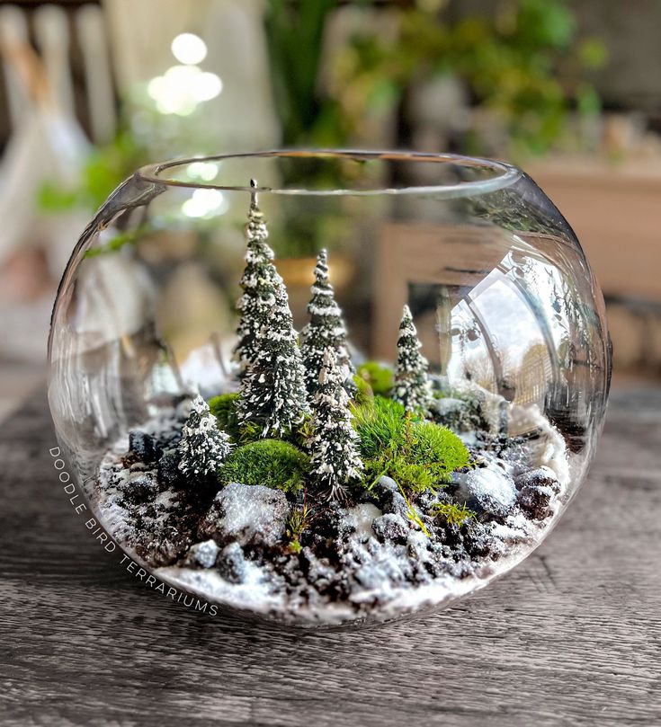 a glass bowl filled with snow covered trees and plants on top of a wooden table