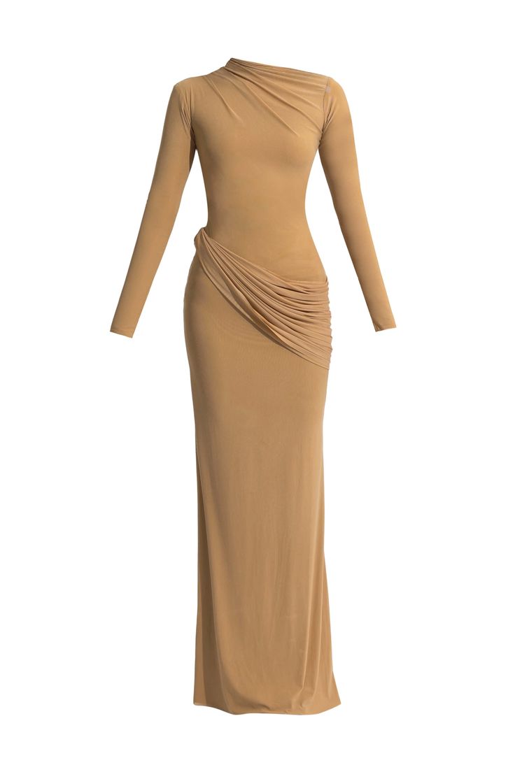 This sophisticated full-sleeve gown exudes elegance with its refined ruching details around the neckline and gracefully draped accents at the hips. The design combines classic elements with a modern silhouette, offering a flattering and timeless look. Medium Contrast Outfits, Full Sleeves Gown, Graduation Outfits For Women, Tan Maxi Dress, Full Sleeve Gowns, Contrast Outfit, Sophisticated Boho, Dress To Jumpsuit, Fitted Gown