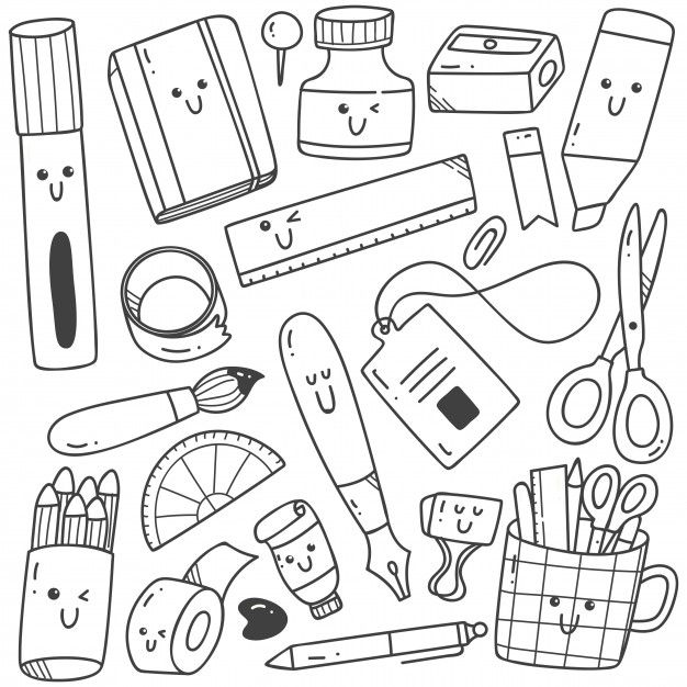 black and white drawing of school supplies with pencils, rulers, scissors, tape measure, etc