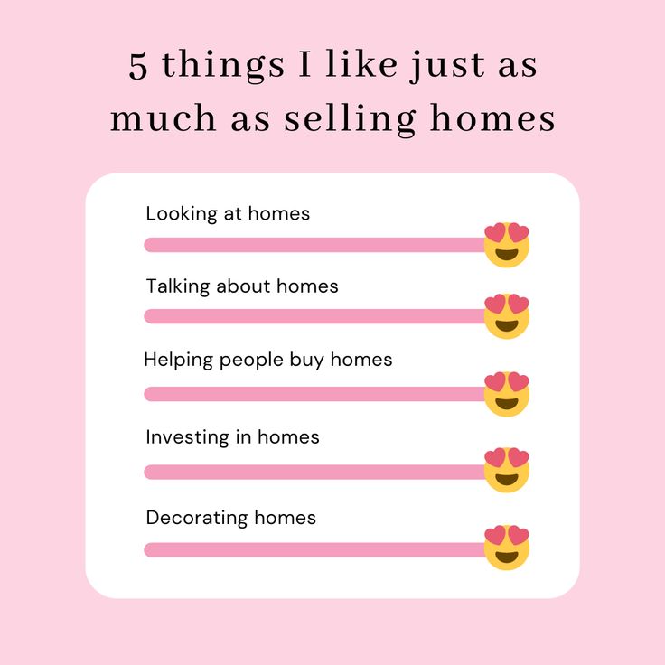 the five things i like just as much as selling homes infographical poster with pink background