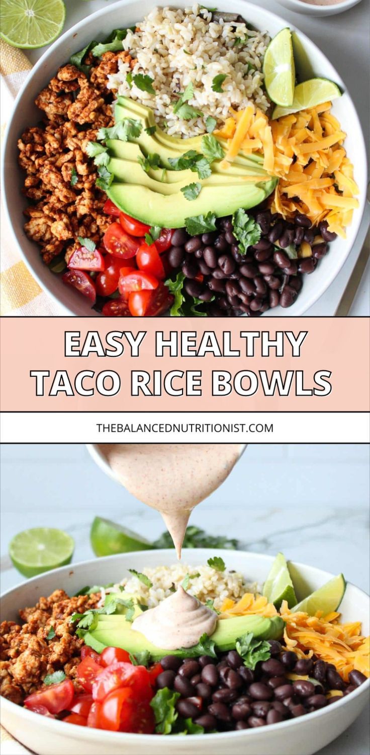 taco rice bowls with avocado, tomatoes, black beans and other toppings