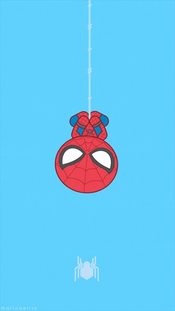 a spider man hanging from a rope with his eyes closed and mouth wide open, in front of a blue background