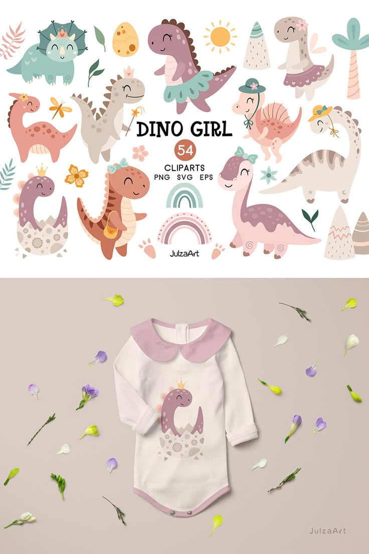 two baby onesuits with dinosaurs and flowers on them