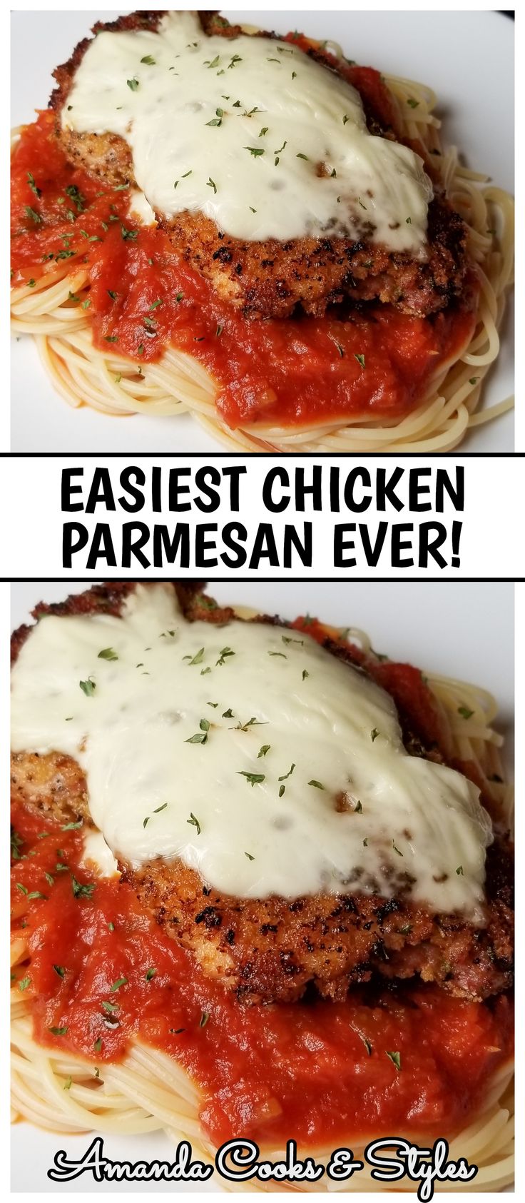 two pictures of chicken parmesan on top of pasta