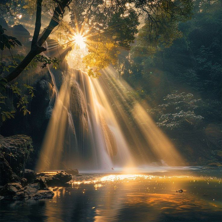 the sun shines brightly through the trees above a waterfall as it flows into a body of water