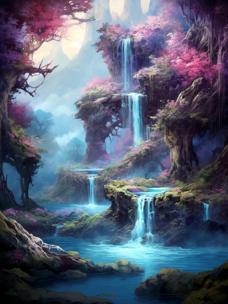 a painting of a waterfall surrounded by trees