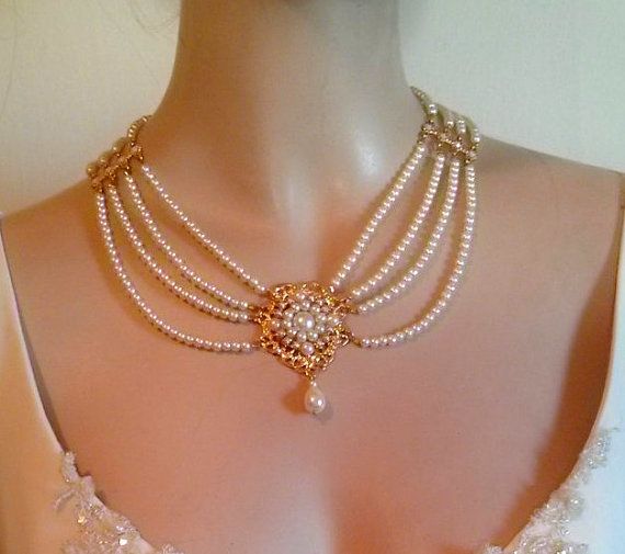 LIMITED ָָָָָָָָָ Beautiful Bridal choker features four strands of small cream Ivory pearls with a golden flower filigree set with Ivory pearls and a Swarovski drop pearl is dangle below.Between the lines of the pearls I connected the separate golden findings set with rhinestone. Its Golden Pearl Necklace, Gold Bollywood Pearl Necklace For Formal Events, Ornate Gold Pearl Necklace For Wedding, Luxury Gold-plated Pearl Necklace For Wedding, Bollywood Bridal Necklace With Pearl Chain, Bride Choker, Wedding Jewelry Pearls Necklace, Yellow Gold Pearl-embellished Necklaces For Wedding, Pearl And Gold Necklace