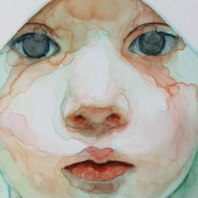 a painting of a child's face with blue eyes