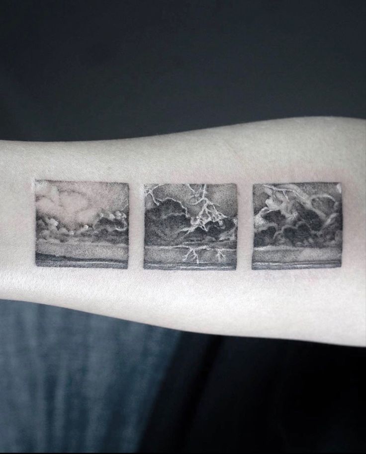 three different pictures on the arm of a person with a storm in the sky behind them