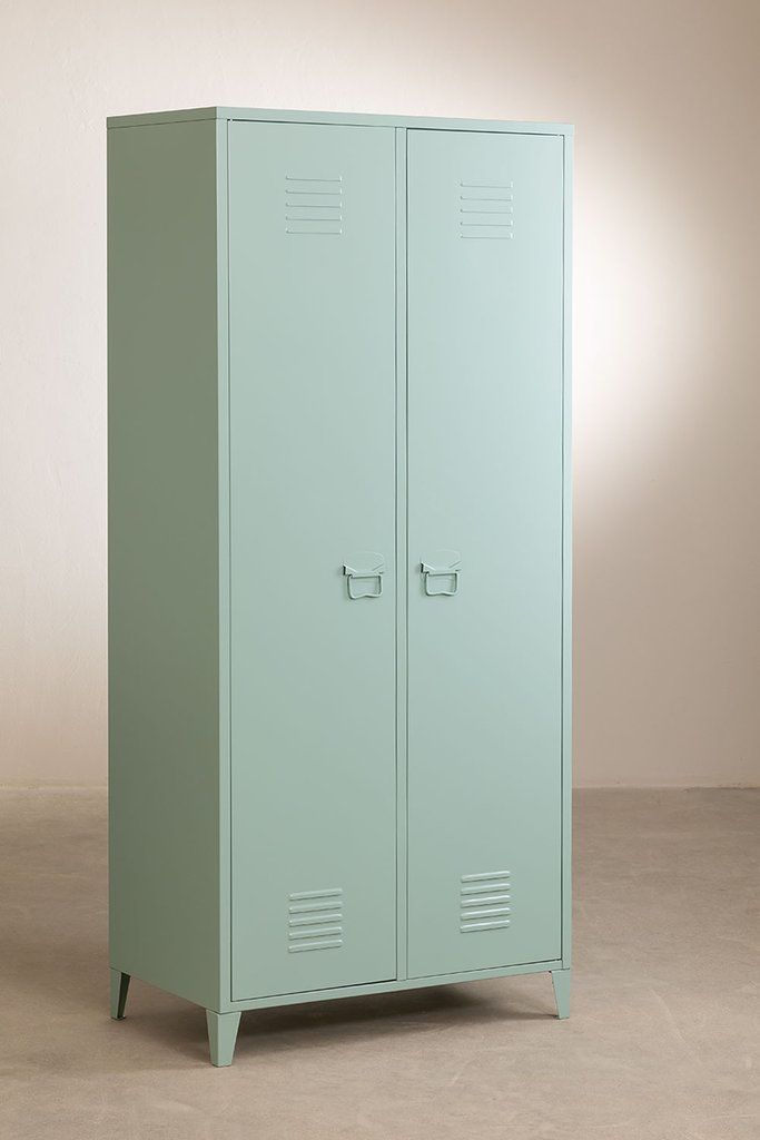 a light green metal locker with two doors