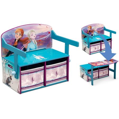 The snowy scenes and icy filigree depicted on the Disney Frozen 2-in-1 Activity Bench and Desk by Delta Children will give you chills! Adorned with colorful graphics of Anna, Elsa, Olaf and Sven, it's the perfect place for any frozen fan to sit or play. An ideal choice for your growing child, it features a 2-in-1 design that easily converts from a storage bench to a desk-transitioning from playtime to a perfect space for homework, crafts and more, in seconds! This incredibly versatile bench/desk Elsa Bedroom, Peanut Changer, Kids Toddler Bed, Olaf And Sven, Frozen Bedroom, Frozen Room, Anna Et Elsa, Anna Und Elsa, Elsa Olaf