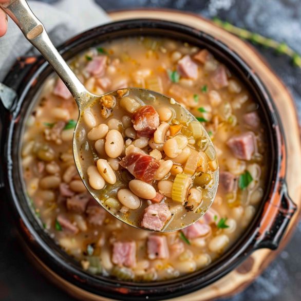 a spoon full of ham and bean soup