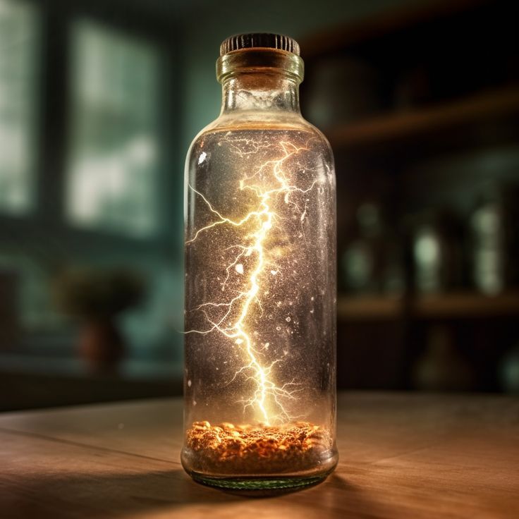 An old cork-top bottle filled with liquid lightning Stones In Glass Jar, Lightning In A Bottle Drawing, Lightning In A Bottle Tattoo, Apothecary Tattoo, Storm In A Bottle, Lightning Wizard, Silver Tattoo, Lightning In A Bottle, Bottle Tattoo