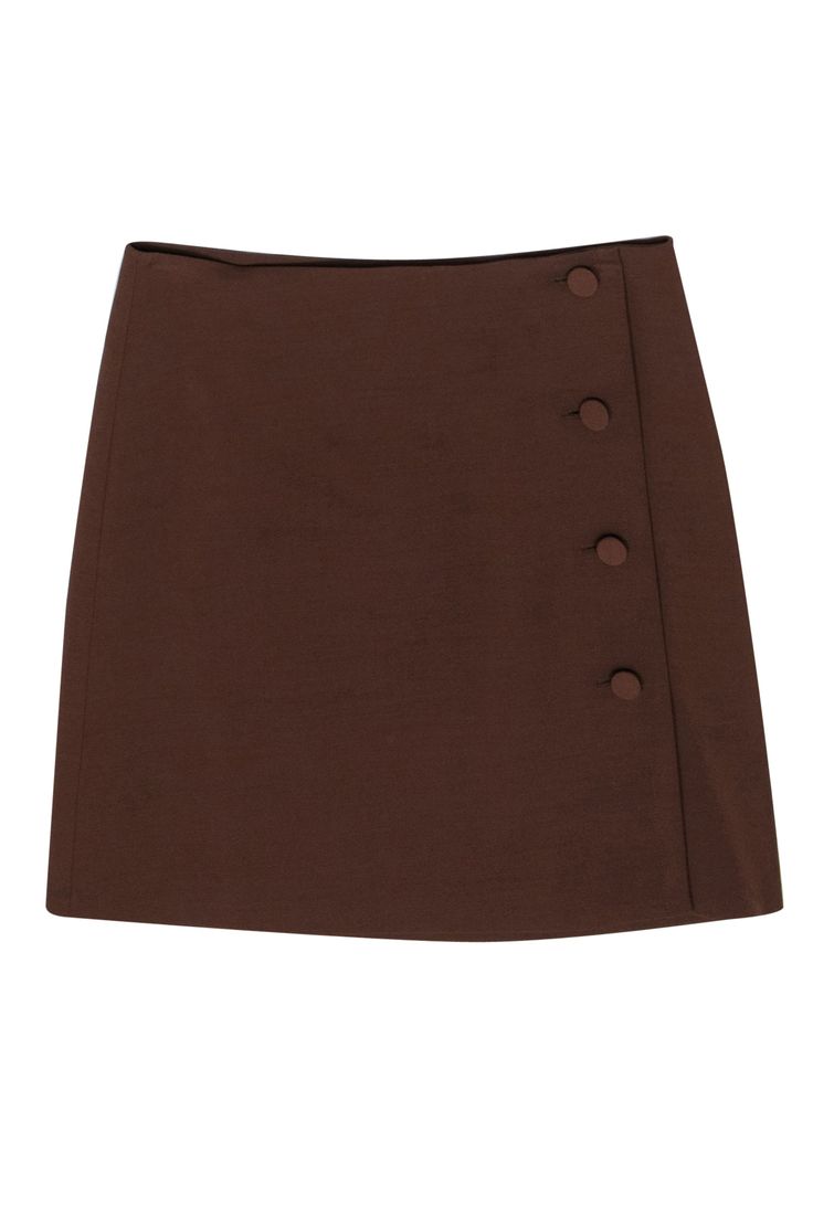 Current Boutique-Tara Jarmon - Brown Wool Blend Mini Wrap Skirt Sz S Wrap Skirt With Buttons, Brown Mini Skirt With Button Closure, Fall Skort With Button Closure For Workwear, Brown Mini Skirt With Button Closure For Work, Elegant Brown Mini Length Skort, Elegant Brown Mini Skort, Chic Brown Skirt With Button Closure, Chic Fall Skirt With Button Closure, Chic Winter Mini Skirt With Buttons