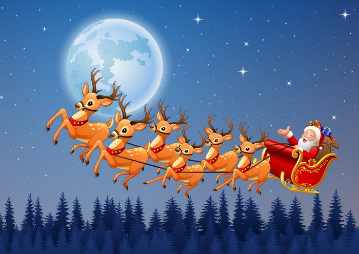 santa claus is riding in his sleigh with reindeers on the night sky