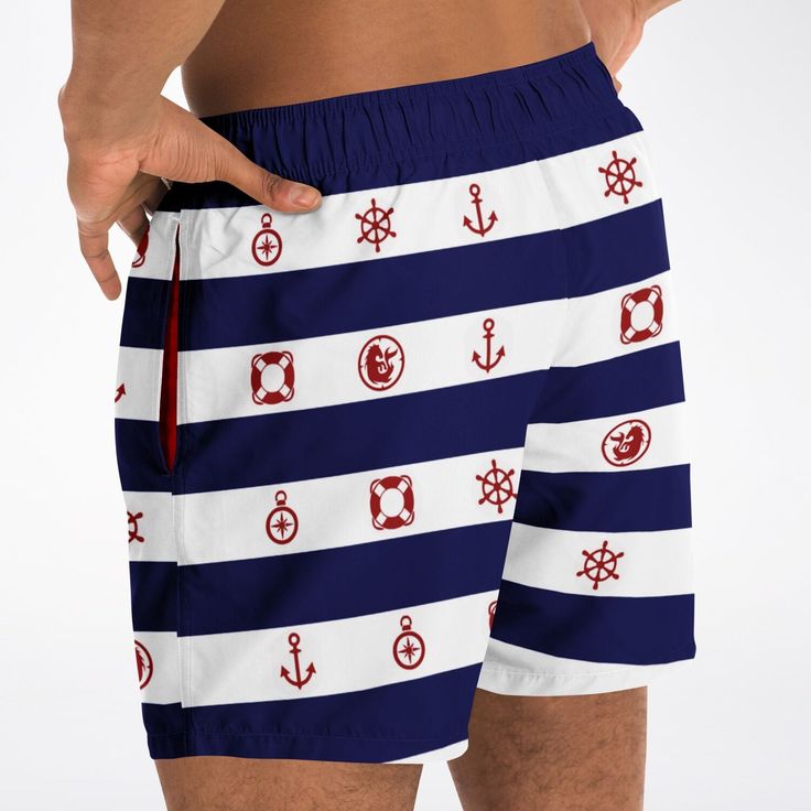 Get ready to soak up the sun in our Maris Equi Men's Nautical Swim Shorts. Designed for comfort and performance, this swimsuit is perfect for all your aquatic adventures. Mix and match with our coordinating shirts, flip flops, and swim briefs to create your own signature beach look. Shop now and make waves with Maris Equi! These swim trunks are handmade after you order them. Please allow 2 weeks for delivery. This suit has a lot of stretch and is very size friendly. If you want a tighter look, s Navy Summer Bottoms For Vacation, Cotton Athletic Shorts For Beach Vacation, Summer Cotton Athletic Shorts For Beach, Cotton Beachwear Athletic Shorts, Summer Cotton Athletic Shorts For The Beach, Sporty Bermuda Bottoms For Beach, Beach Vacation Swim Trunks, Beachwear Athletic Shorts For Pool And Beach Season, Beachwear Athletic Shorts For Beach Vacation